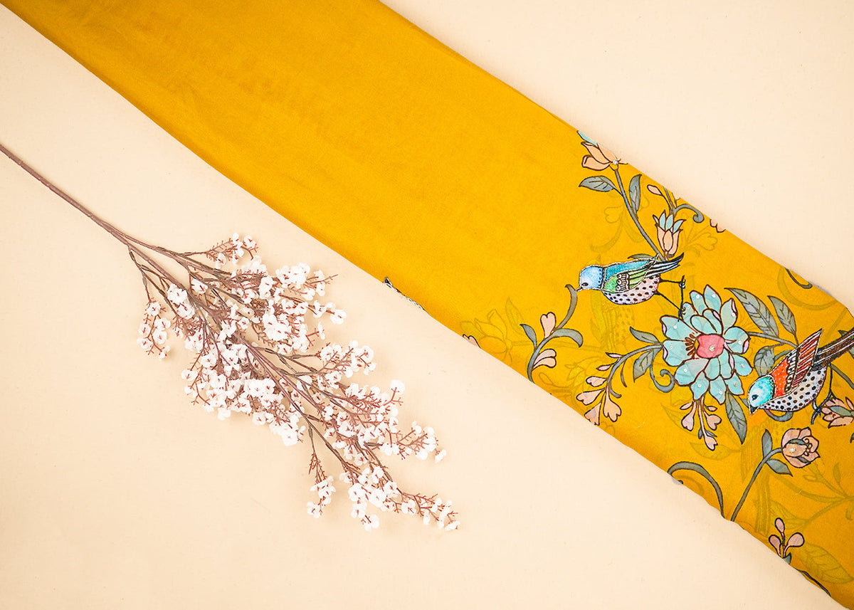 Mustard Georgette Fabric with All Over Traditional Print and Katdana, Bead and Sequins Work PG 19679