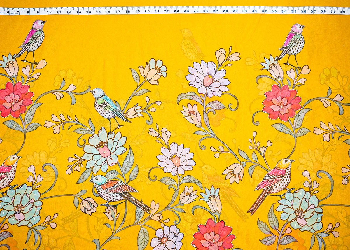 Mustard Georgette Fabric with All Over Traditional Print and Katdana, Bead and Sequins Work PG 19679