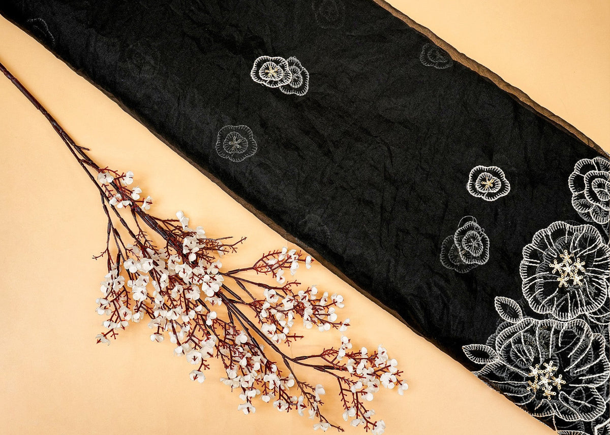 Midnight Elegance Black Organza Dupatta Fabric with White Floral and Gold Sparkle PG