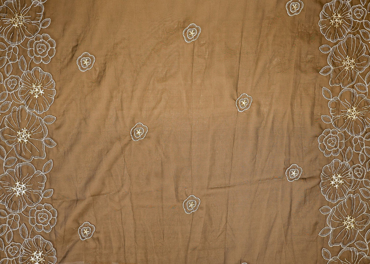 Midnight Elegance Black Organza Dupatta Fabric with White Floral and Gold Sparkle PG