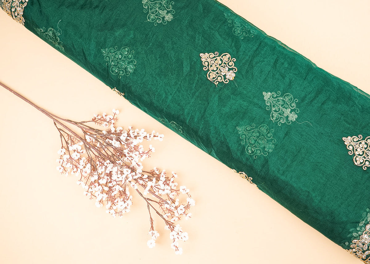 Bottle Green Organza Fabric With All Over Buti Of Golden Zari And Sequins With Two Side Border PG 20539