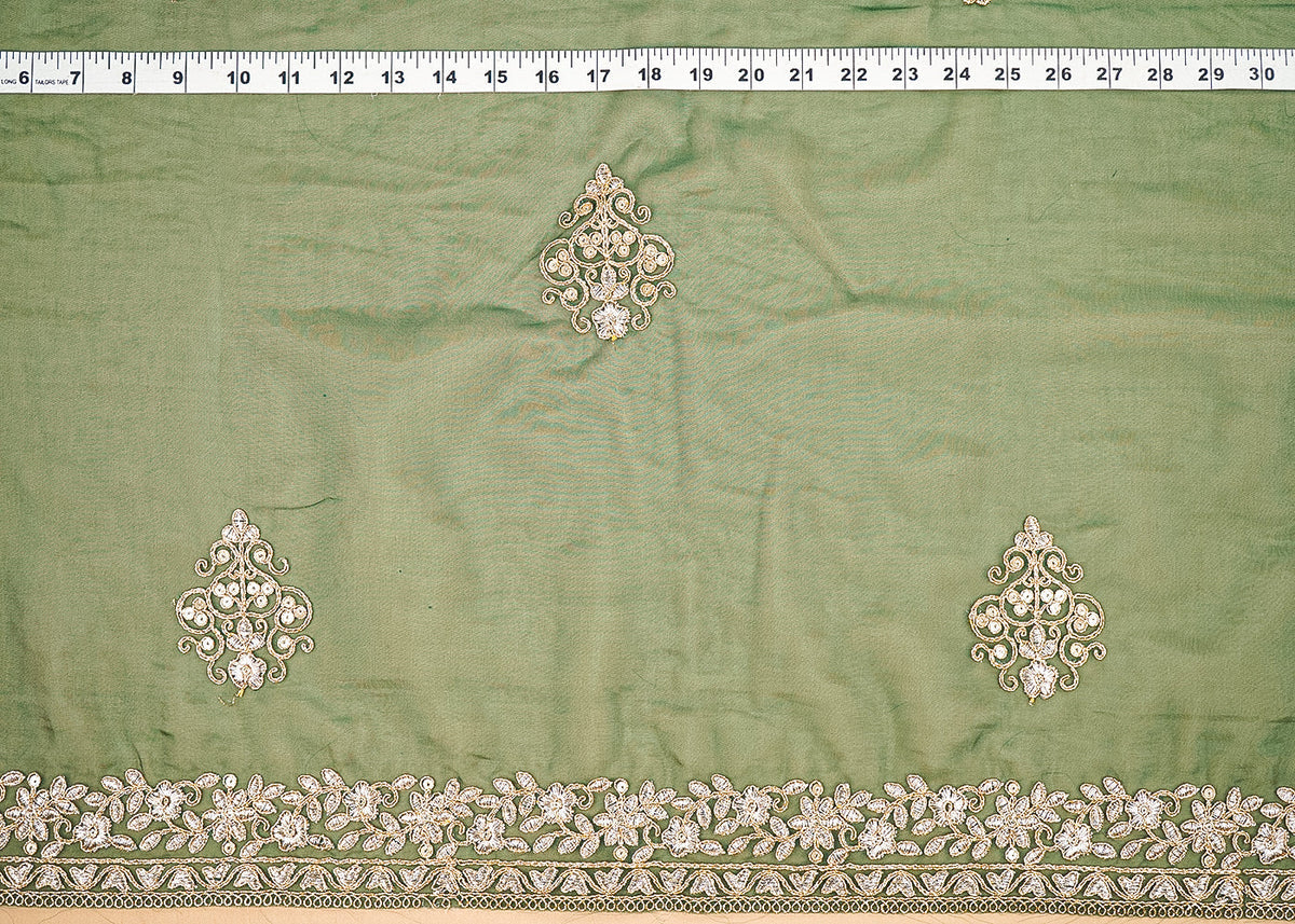 Bottle Green Organza Fabric With All Over Buti Of Golden Zari And Sequins With Two Side Border PG 20539