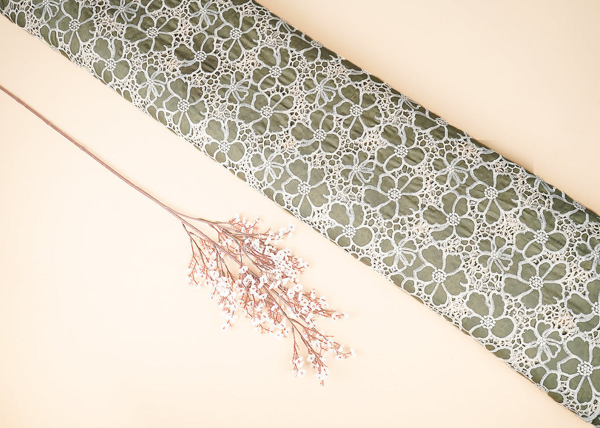 Olive Green Cotton Fabric With All Over Thread And Cutwork With Scalloped Edges PG 21887