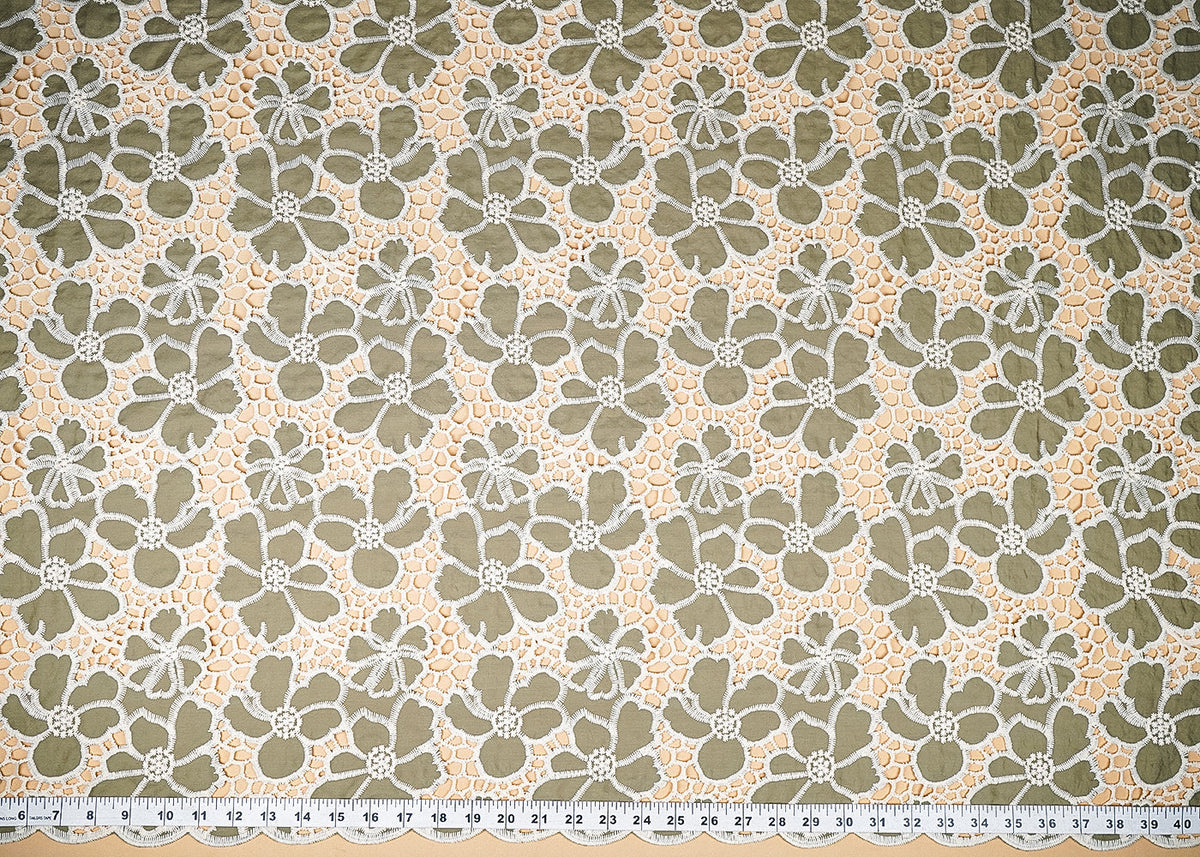 Olive Green Cotton Fabric With All Over Thread And Cutwork With Scalloped Edges PG 21887