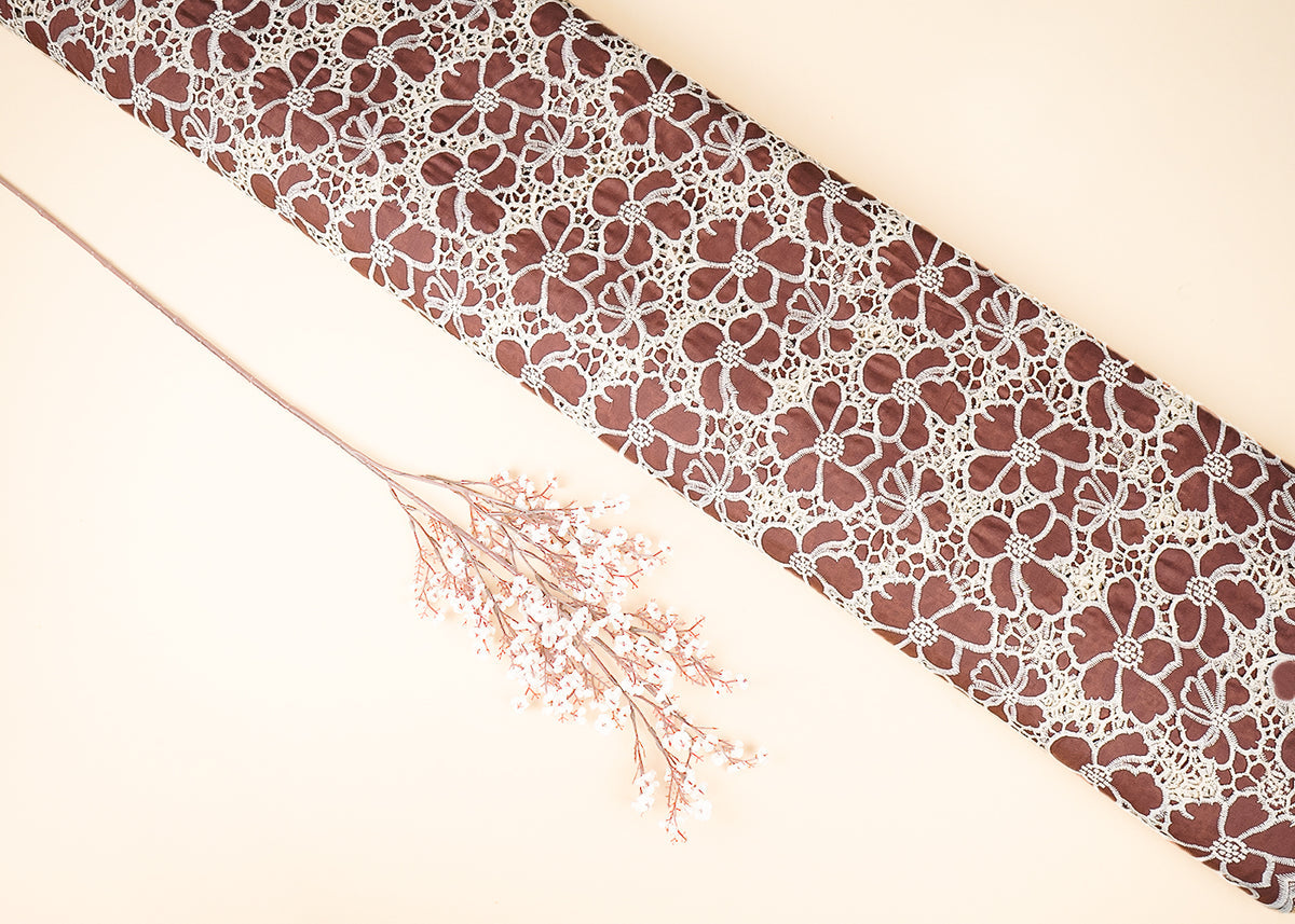 Brown Cotton Fabric With All Over Thread And Cutwork With Scalloped Edges PG21884