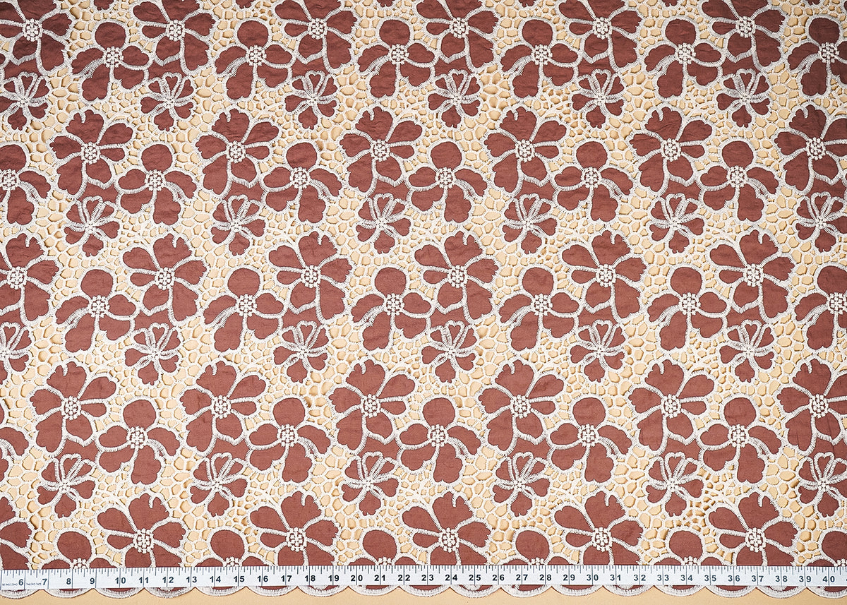 Brown Cotton Fabric With All Over Thread And Cutwork With Scalloped Edges PG21884