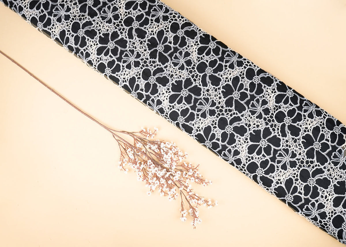 Black Cotton Fabric With All Over Thread And Cutwork With Scalloped Edges PG 21886