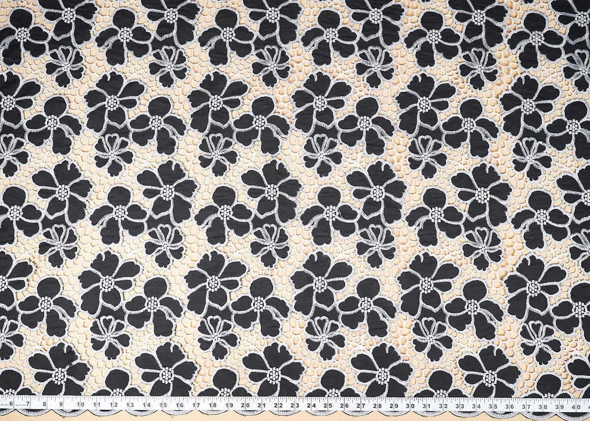 Black Cotton Fabric With All Over Thread And Cutwork With Scalloped Edges PG 21886