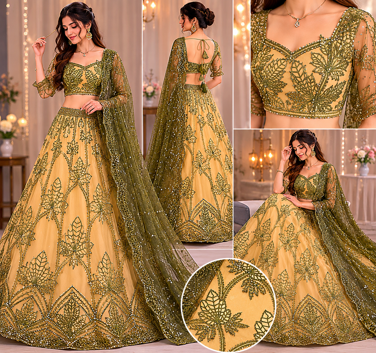 Mehandi Imported Net Fabric with Allover Cutwork, Sequins, Beads, Pearls & Thread PG-107
