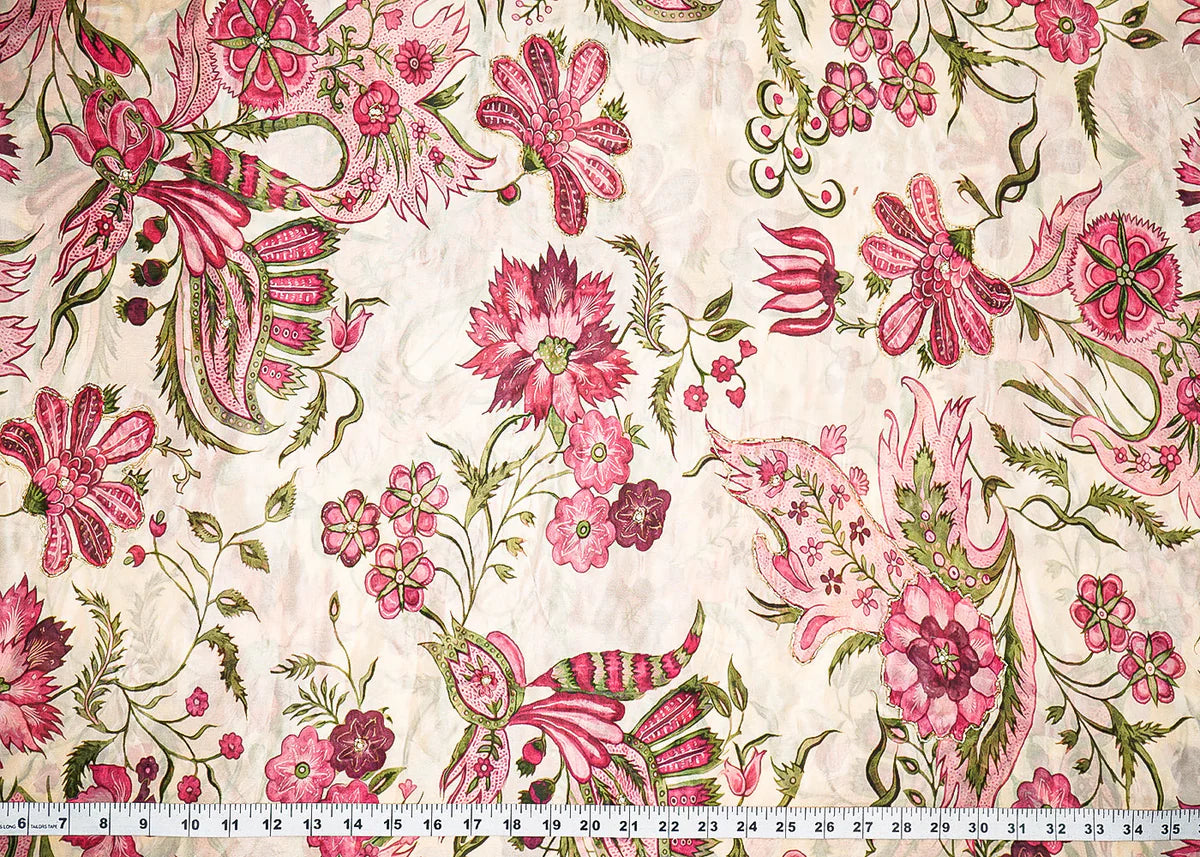 Cream Organza Fabric With All Over Floral Print, Bead And Katdana Work PG-140