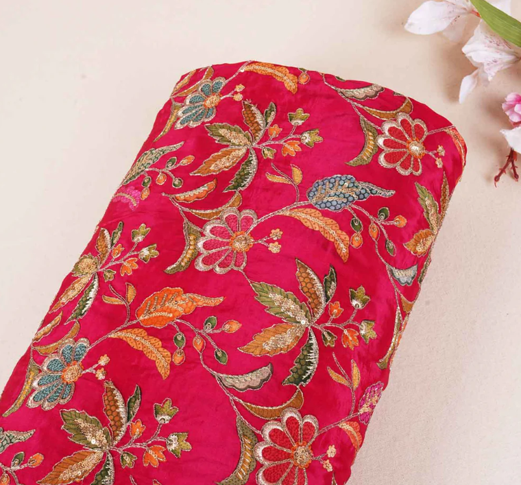 Magenta Pink Floral Position Zari Embroidery Crepe Fabric