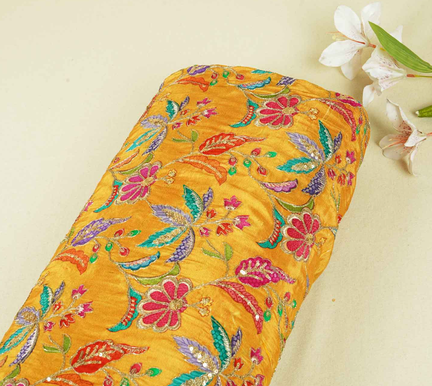 Elegant Mustard Floral Zari Crepe Fabric