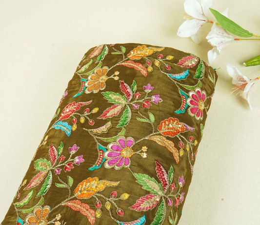 Mehndi Green Floral Position Zari Embroidery Crepe Fabric VC-10004