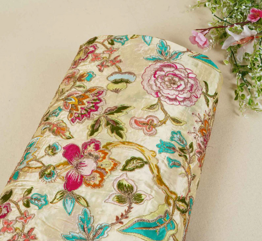 Cream Position Print Zari Embroidery Crepe Fabric NF-10009