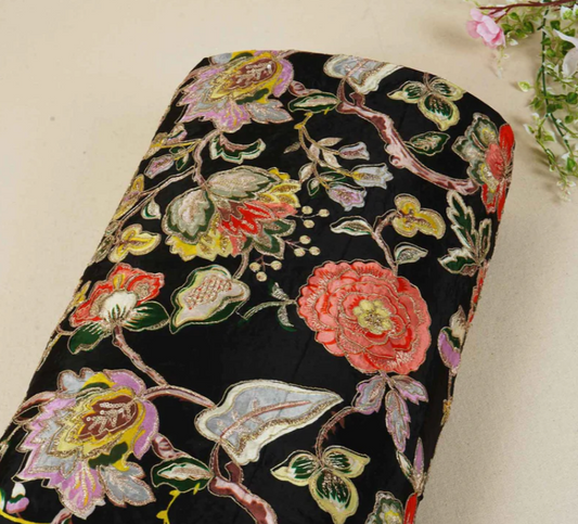 Black Position Print Zari Embroidery Crepe Fabric NF-20001