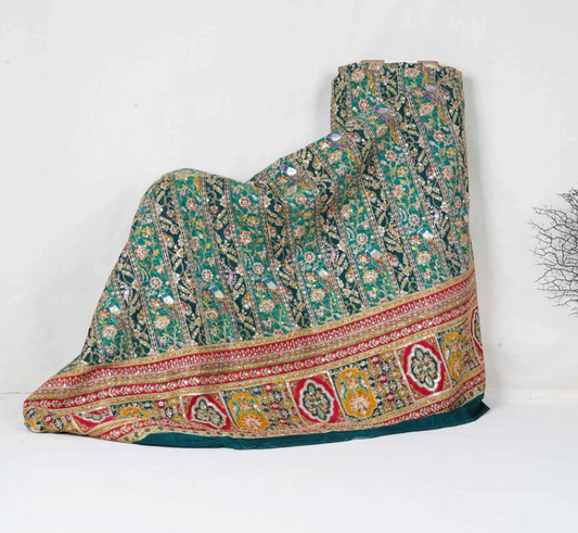 Teal Blue With Multicolour Zari Embroidery Crepe Fabric HCS-20004