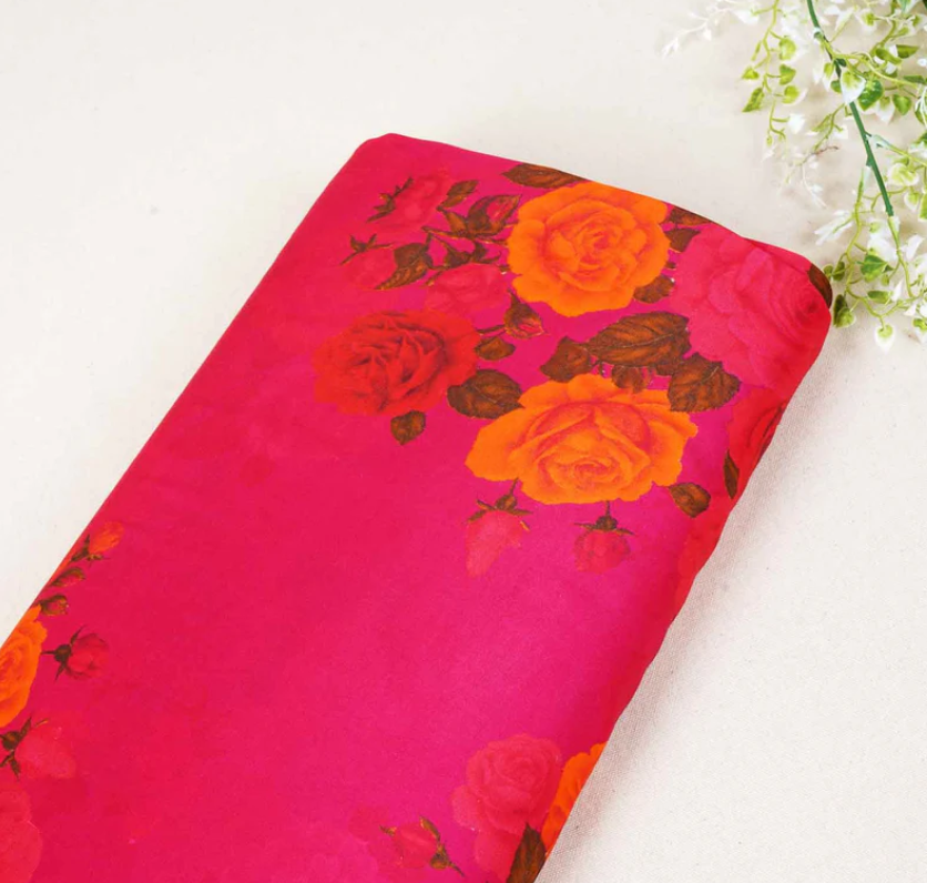 Magenta Floral Print Modal Satin Fabric MT-20005
