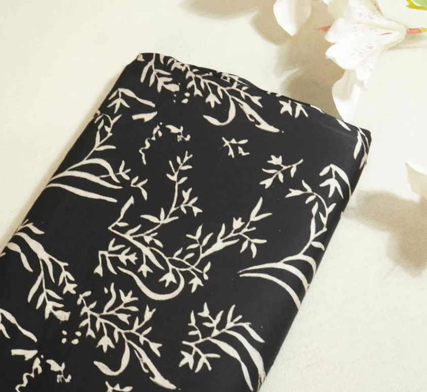 Black Floral Modal Silk Fabric ASK- 20007