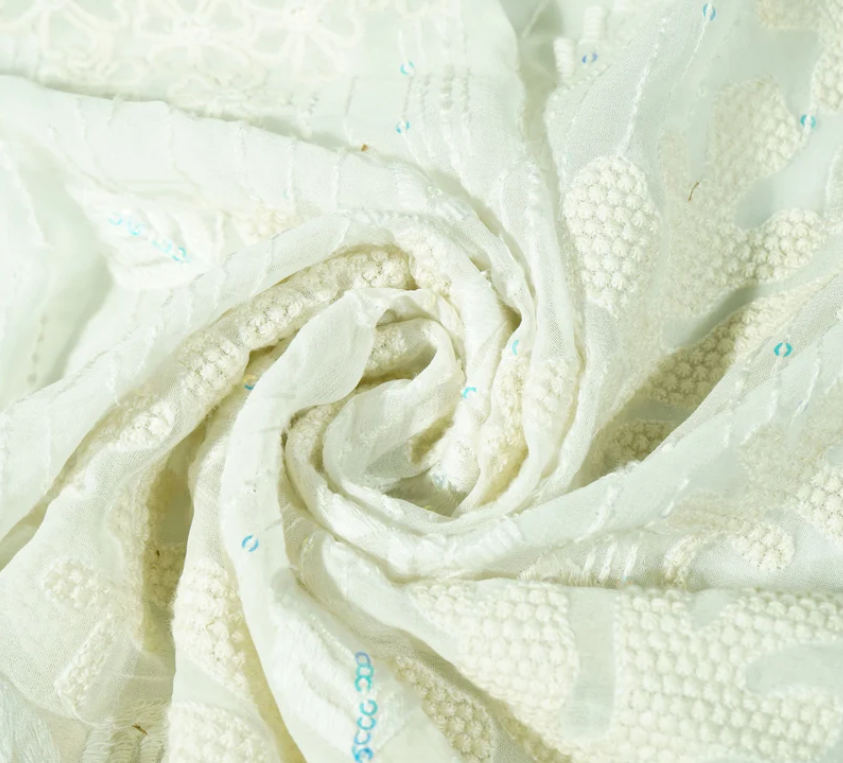 White Floral Embroidery Dyeable Georgette Fabric