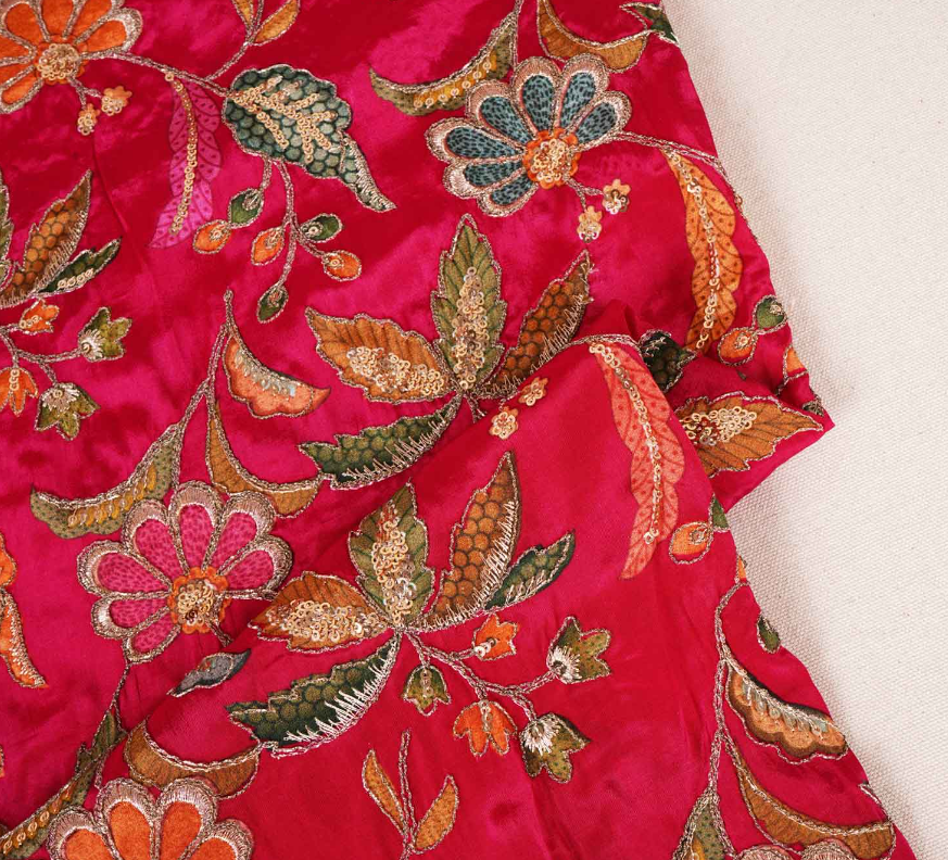 Magenta Pink Floral Position Zari Embroidery Crepe Fabric