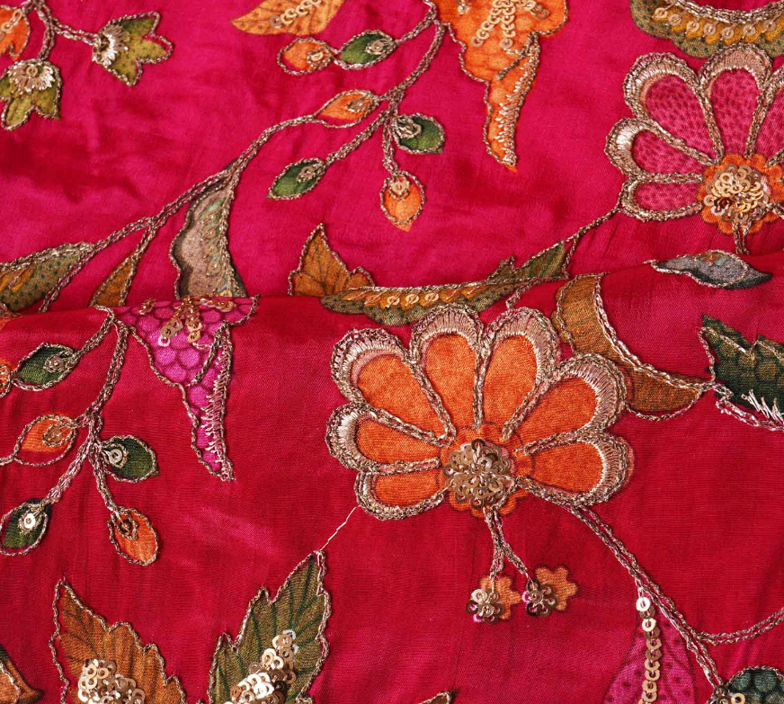 Magenta Pink Floral Position Zari Embroidery Crepe Fabric
