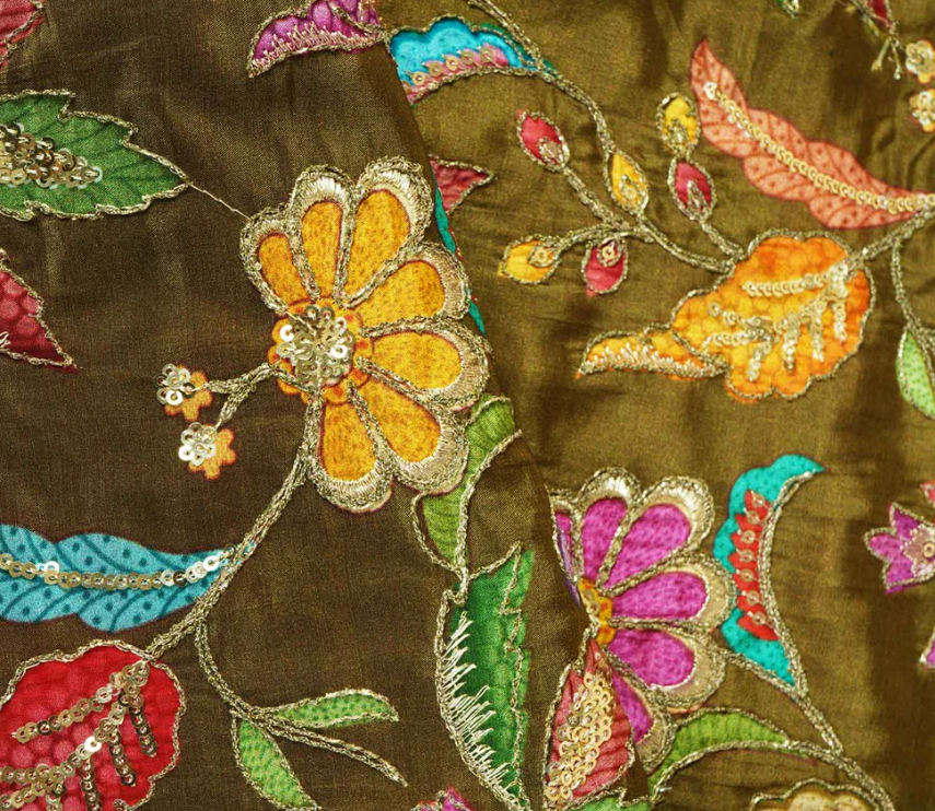 Mehndi Green Floral Position Zari Embroidery Crepe Fabric VC-10004