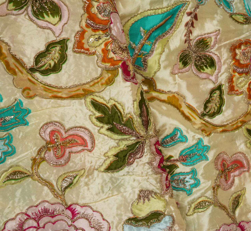 Cream Position Print Zari Embroidery Crepe Fabric NF-10009