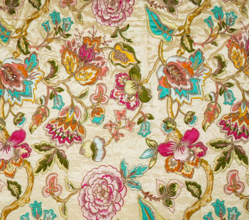 Cream Position Print Zari Embroidery Crepe Fabric NF-10009