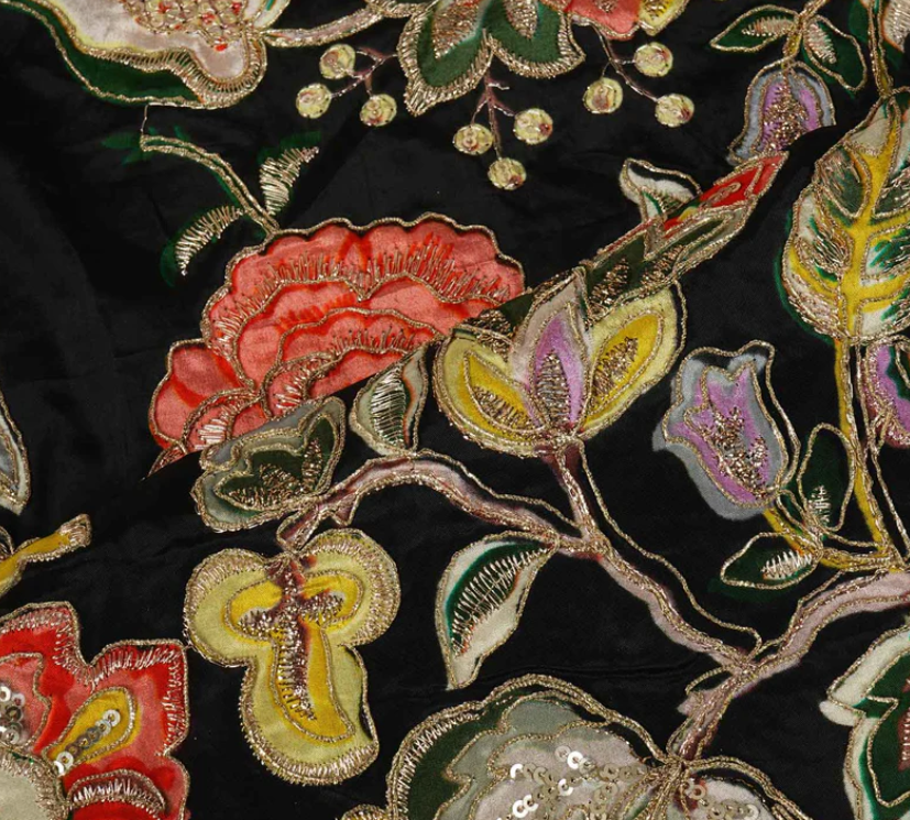 Black Position Print Zari Embroidery Crepe Fabric NF-20001