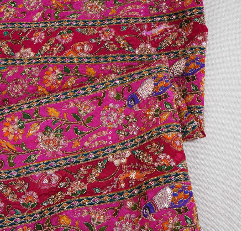 Magenta with Multicolour Zari Embroidery Crepe Fabric HCS- 20003