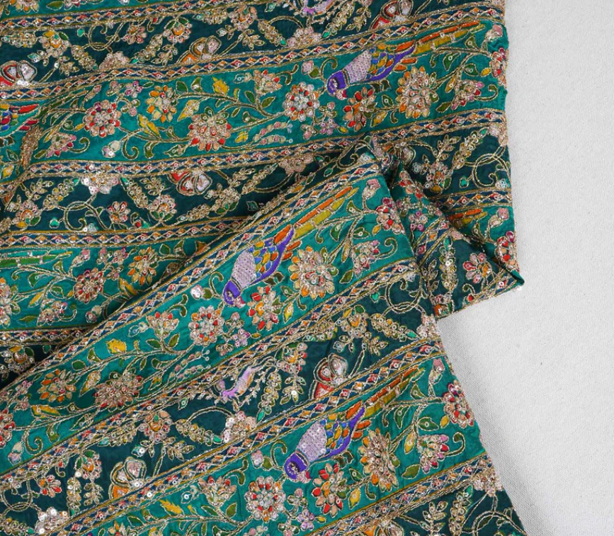 Teal Blue With Multicolour Zari Embroidery Crepe Fabric HCS-20004