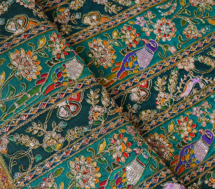 Teal Blue With Multicolour Zari Embroidery Crepe Fabric HCS-20004