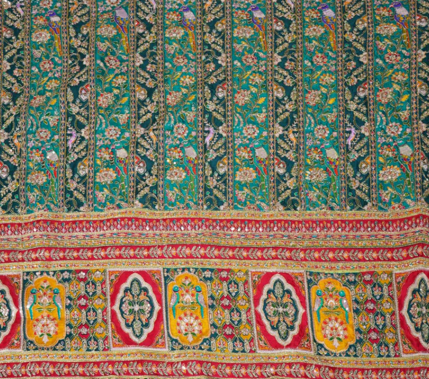 Teal Blue With Multicolour Zari Embroidery Crepe Fabric HCS-20004