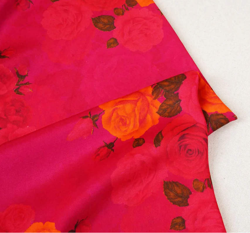 Magenta Floral Print Modal Satin Fabric MT-20005