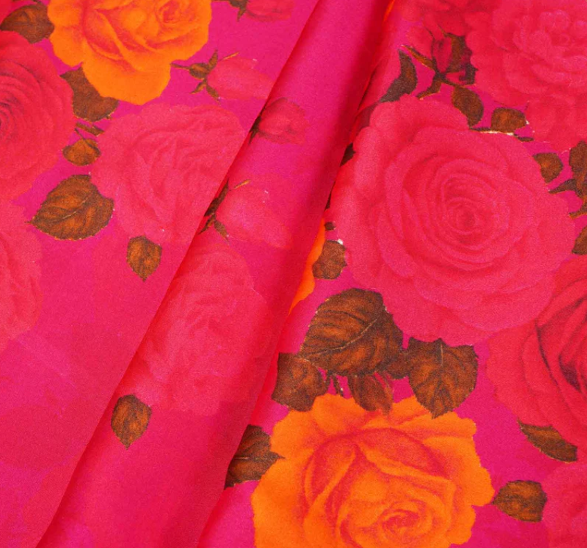Magenta Floral Print Modal Satin Fabric MT-20005