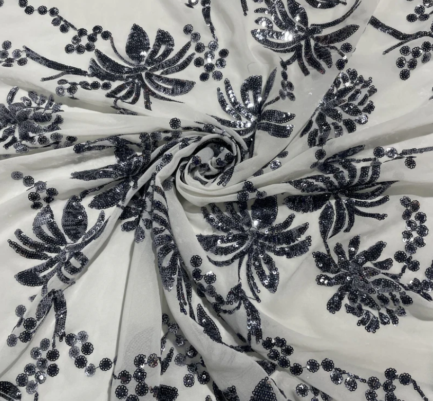 White & Black Floral Sequence Embroidery Georgette Fabric