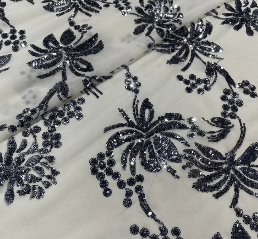 White & Black Floral Sequence Embroidery Georgette Fabric