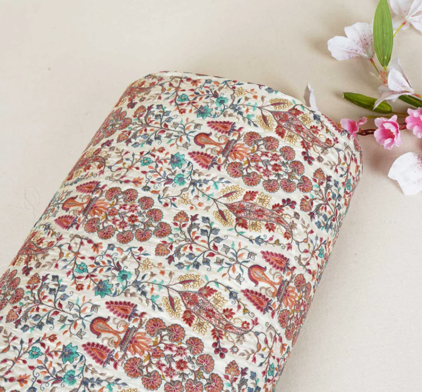 Dark Cream Floral Embroidery Tusser Silk Fabric DR- 20010