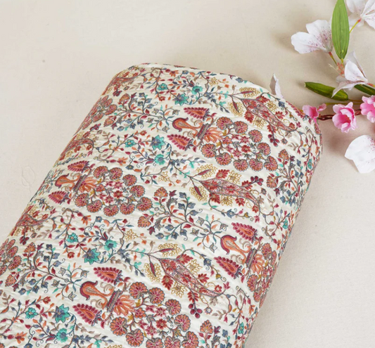 Dark Cream Floral Embroidery Tusser Silk Fabric DR- 20010