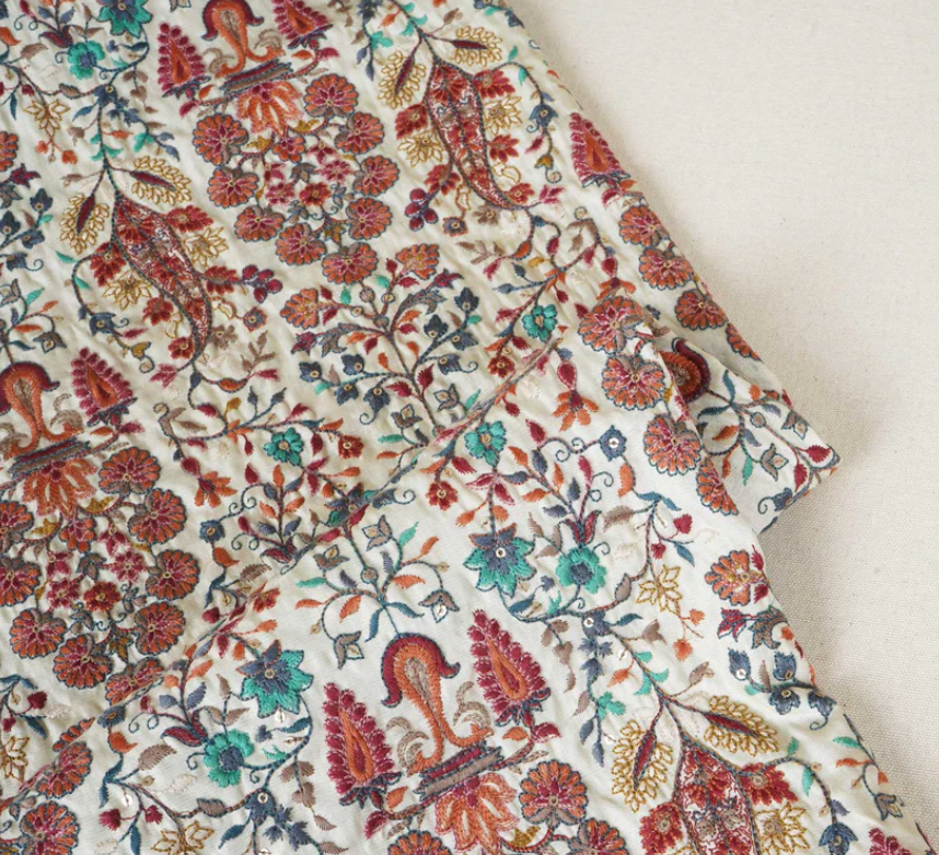 Dark Cream Floral Embroidery Tusser Silk Fabric DR- 20010