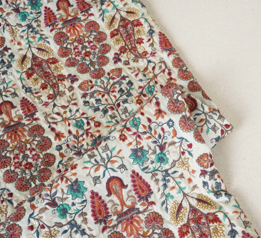 Dark Cream Floral Embroidery Tusser Silk Fabric DR- 20010