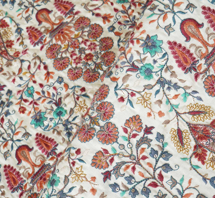 Dark Cream Floral Embroidery Tusser Silk Fabric DR- 20010