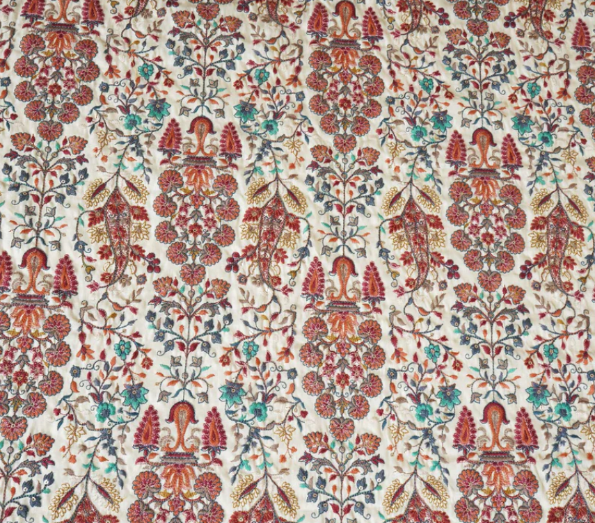 Dark Cream Floral Embroidery Tusser Silk Fabric DR- 20010