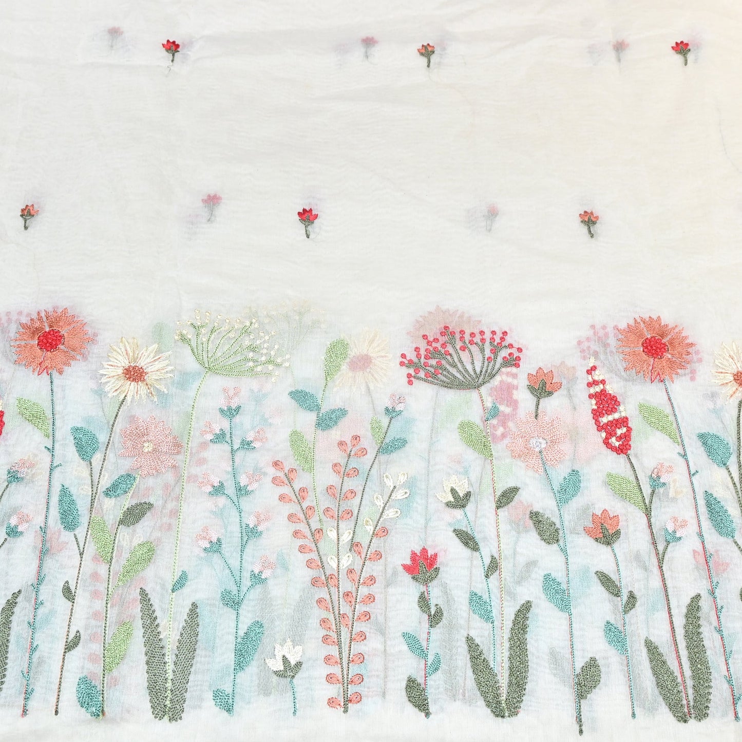 Mul Chanderi Floral Thread Embroidery Fabric – Elegant Buti Designer Fabric -1026