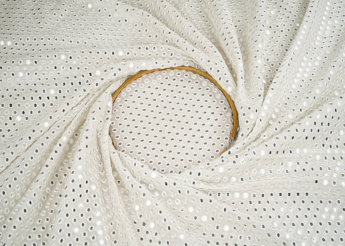 White Dyeable Georgette Fabric With All Over Faux Mirror And Thread Work PG-148