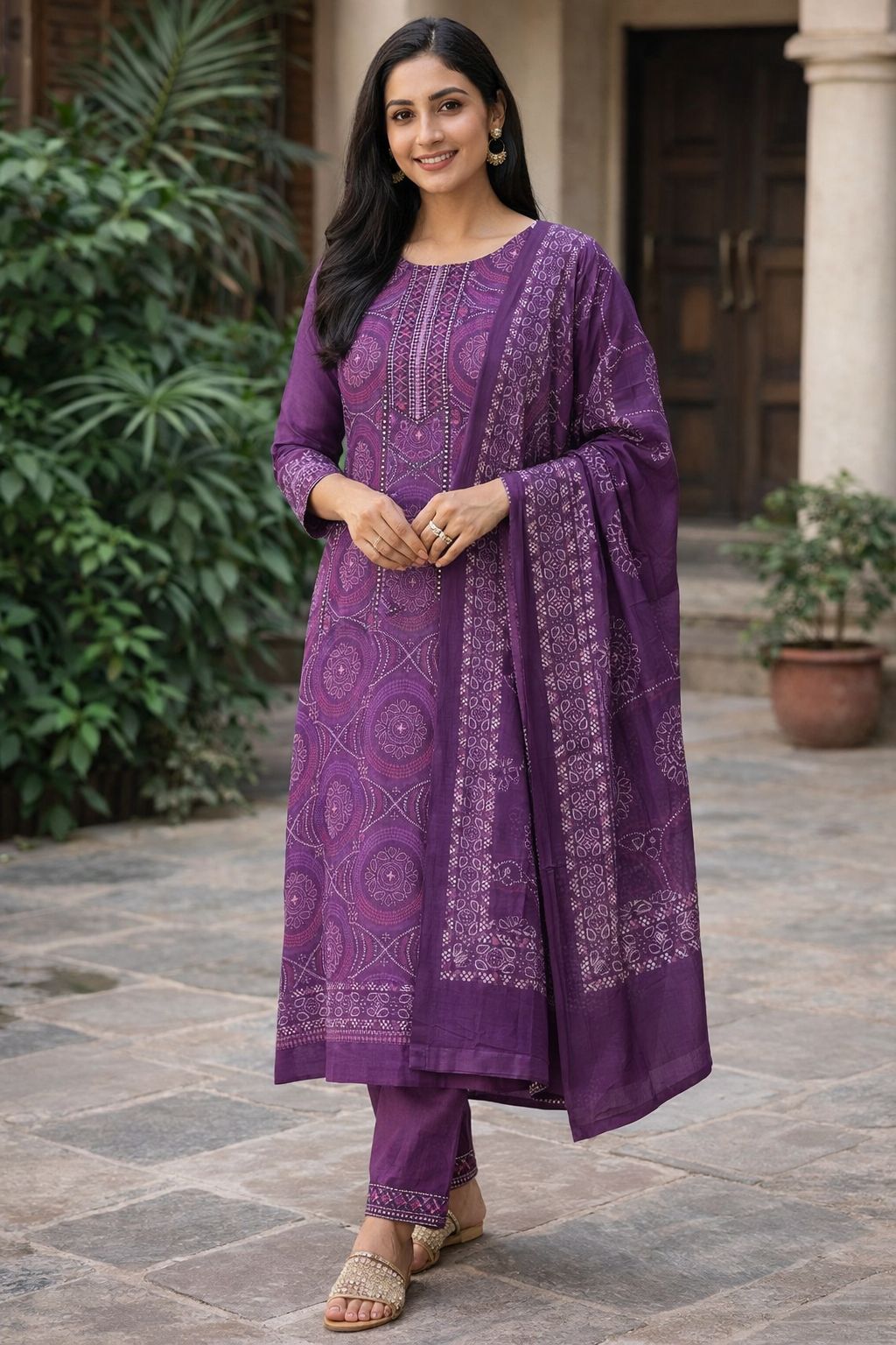 Purple Mul Cotton Bandhani 3PC Unstitched Suit Set | RA125
