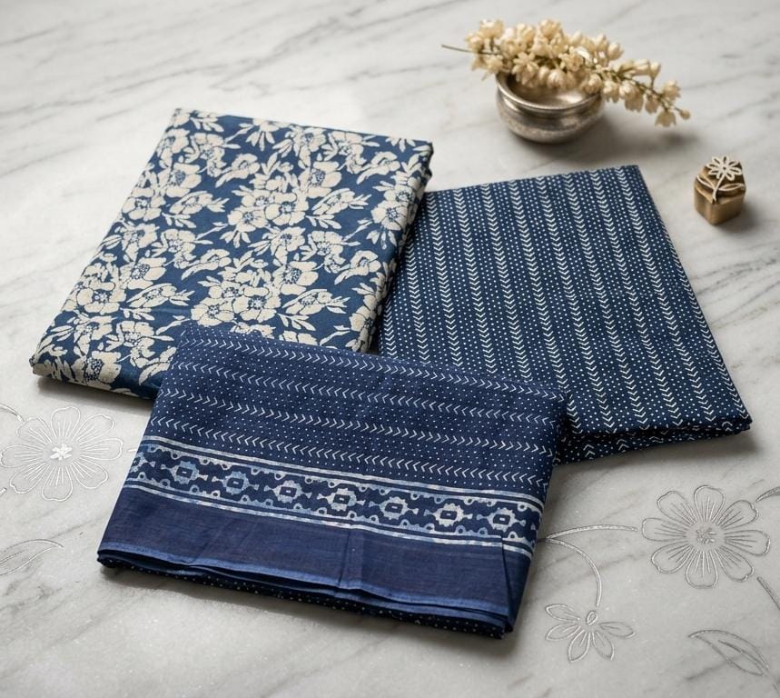 Indigo Blue & White Floral Printed 3PC Cotton Suit | RA127