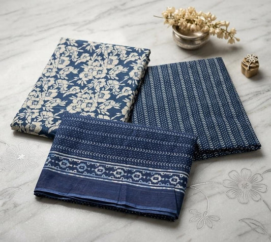 Indigo Blue & White Floral Printed 3PC Cotton Suit | RA127