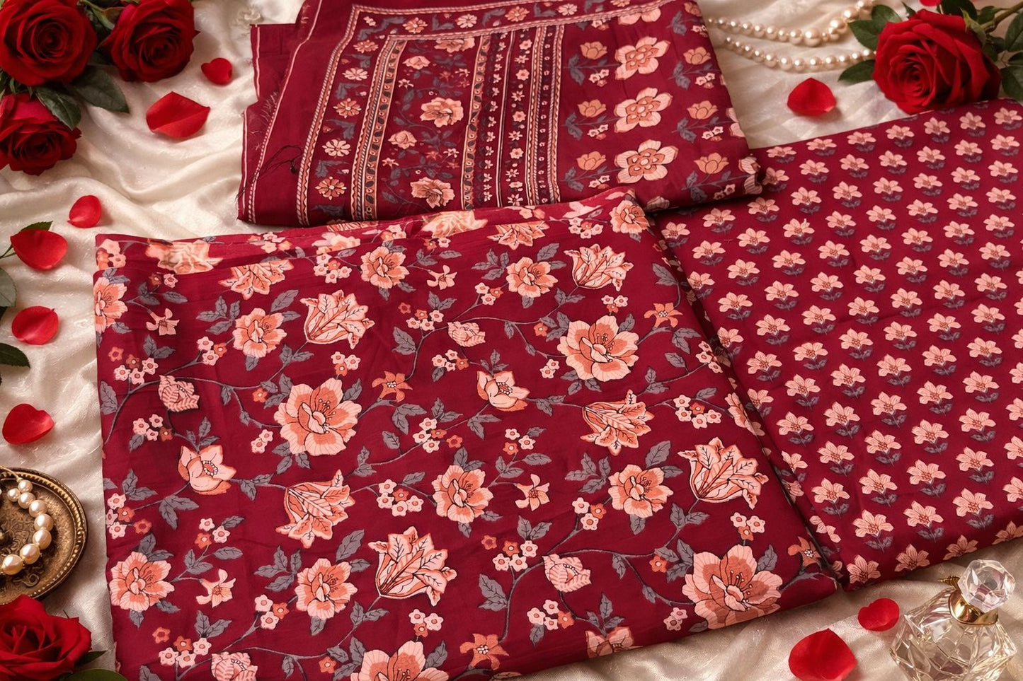 Magenta pink Floral Printed Mul Cotton 3PC Suit