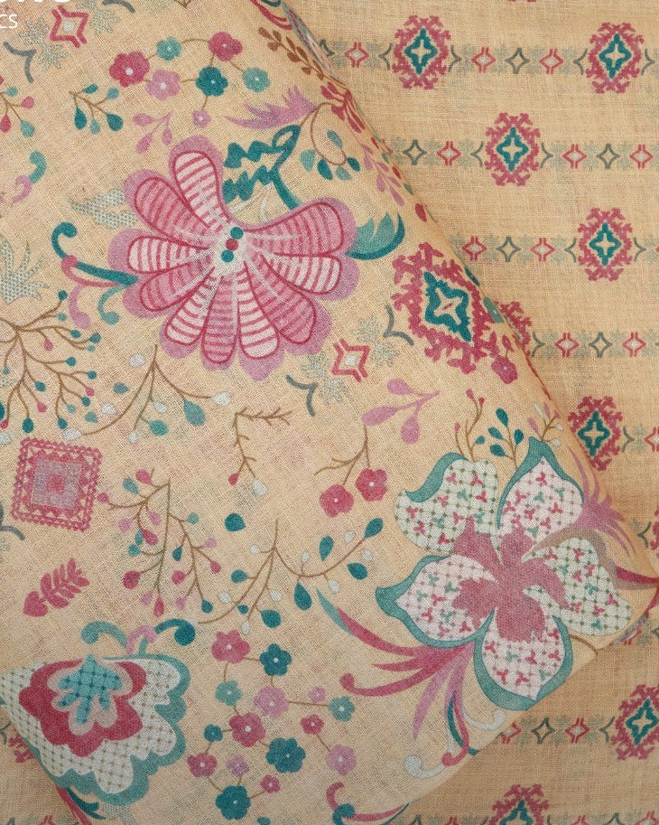 Yellow Floral & Abstract Print Cotton Linen Fabric TU 142